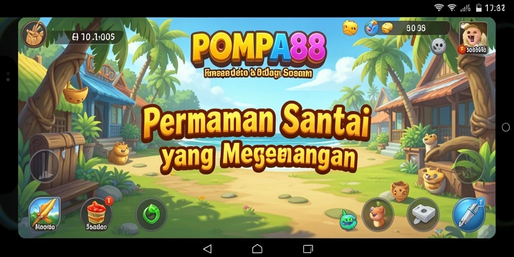 Tampilan gameplay POMPA88 yang ceria dan penuh warna.