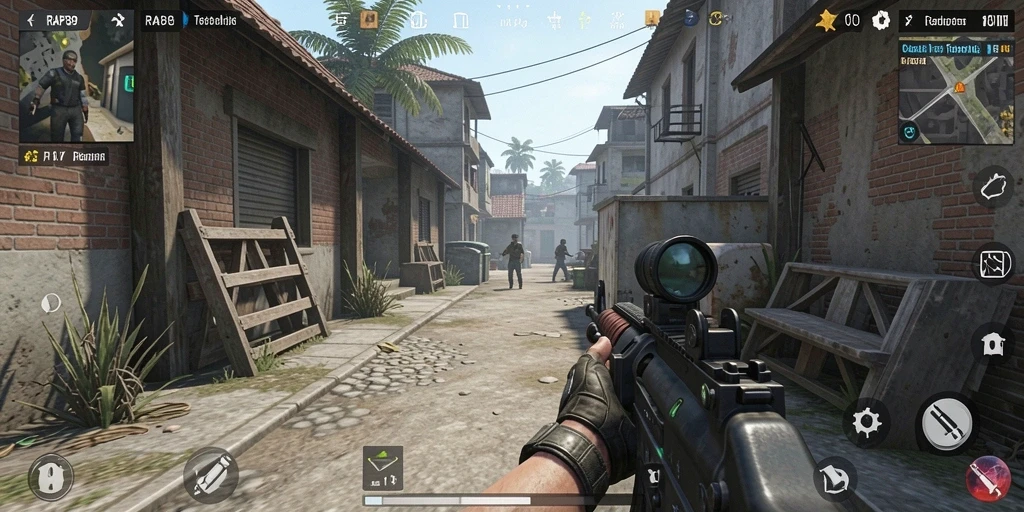 Screenshot gameplay RAP89 menunjukkan aksi menembak yang intens.