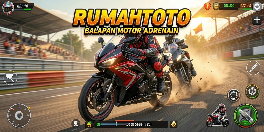 Screenshot RUMAHTOTO menampilkan aksi balapan motor yang mendebarkan.