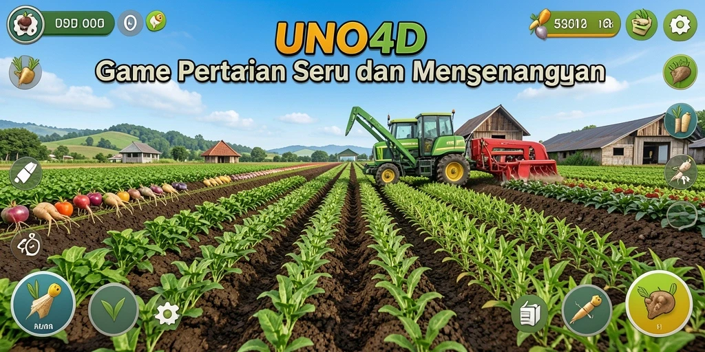 Tampilan layar utama <strong>UNO4D</strong> menampilkan gameplay yang menarik dalam dunia pertanian.