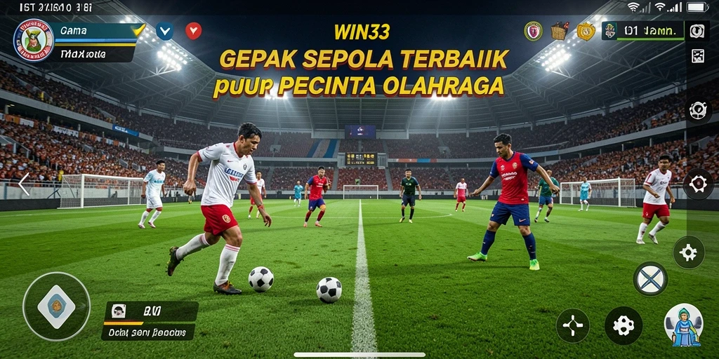 Screenshot gameplay WIN33 menampilkan aksi seru di lapangan sepak bola.