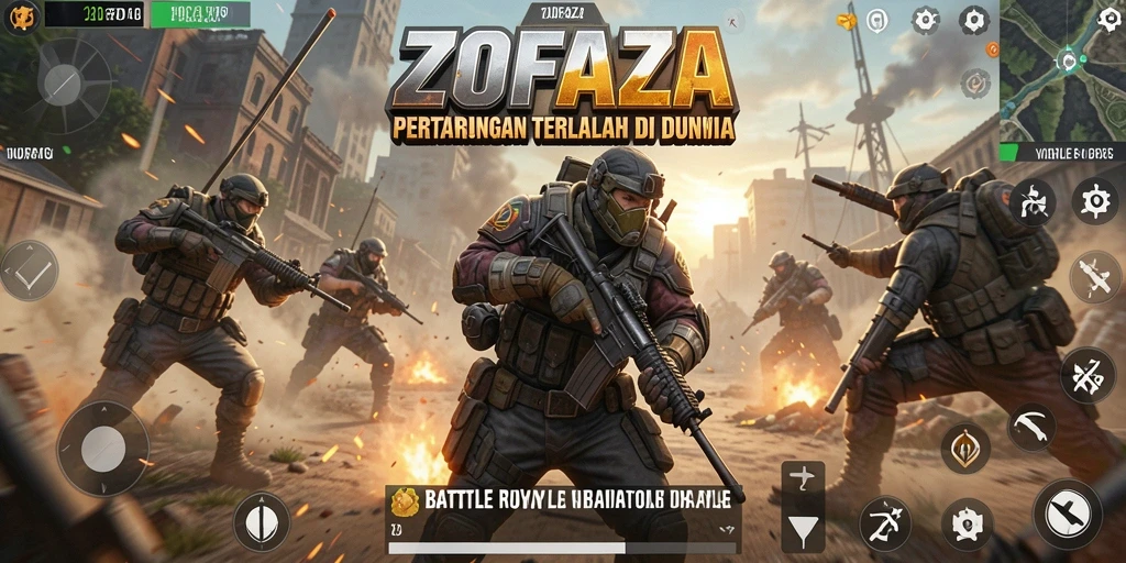 Screenshot gameplay ZOFAZA menampilkan pertarungan epik di arena Battle Royale.